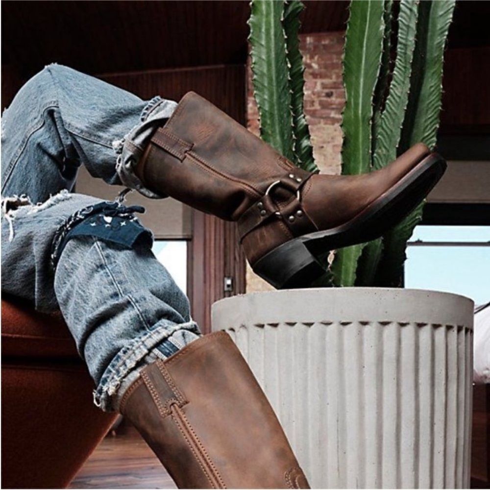 $499 Frye Harness 12R Tan Brown Cavalry Western Cowboy Harness Distressed Boot - Picture 3 of 15